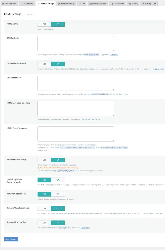 litespeed cache page optimization html settings LiteSpeed Cache page optimization HTML settings with HTML Minify enabled and various removal options like Emojis and Query Strings.