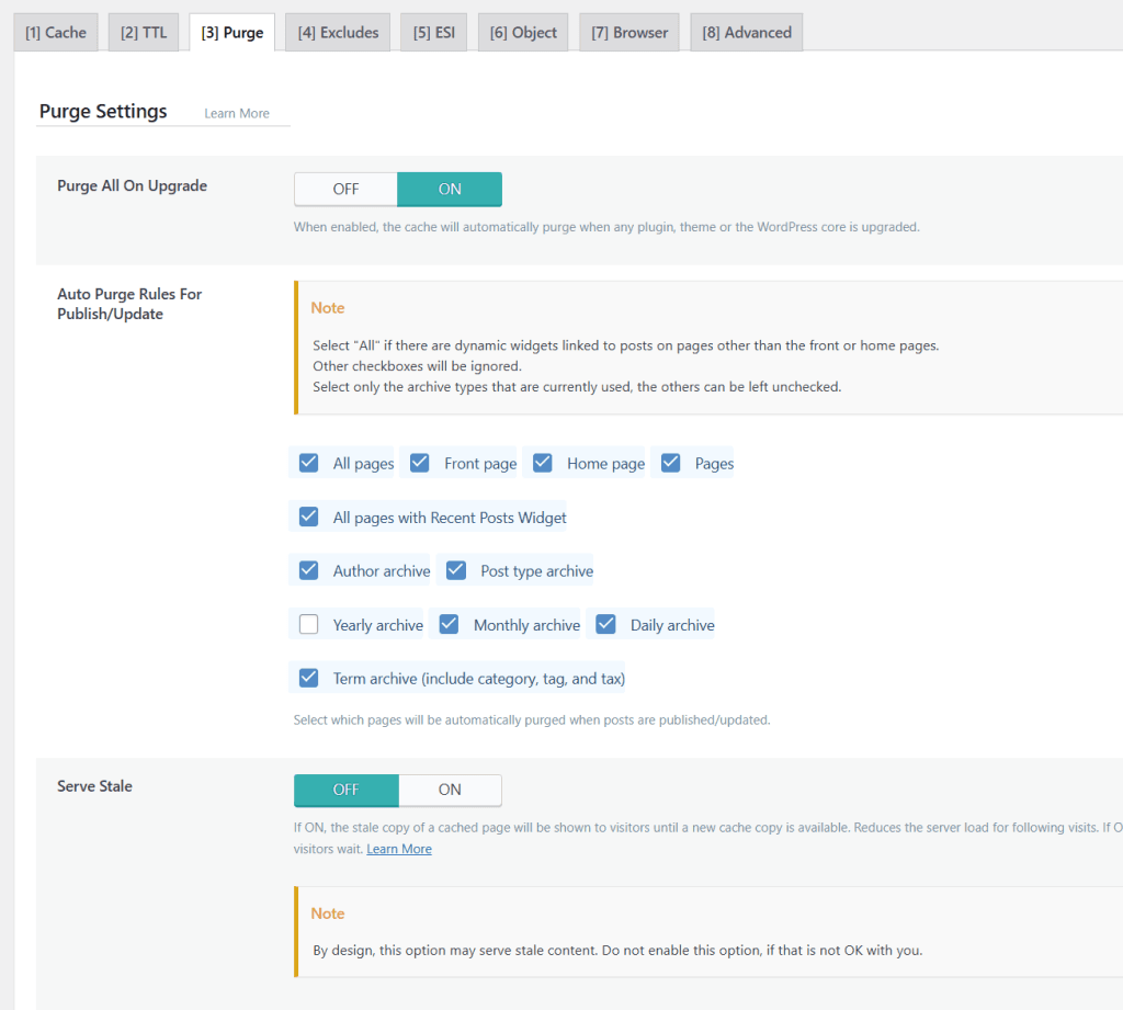 WordPress dashboard showing LiteSpeed Cache purge settings with Auto Purge Rules enabled for all pages, archives, and home page.