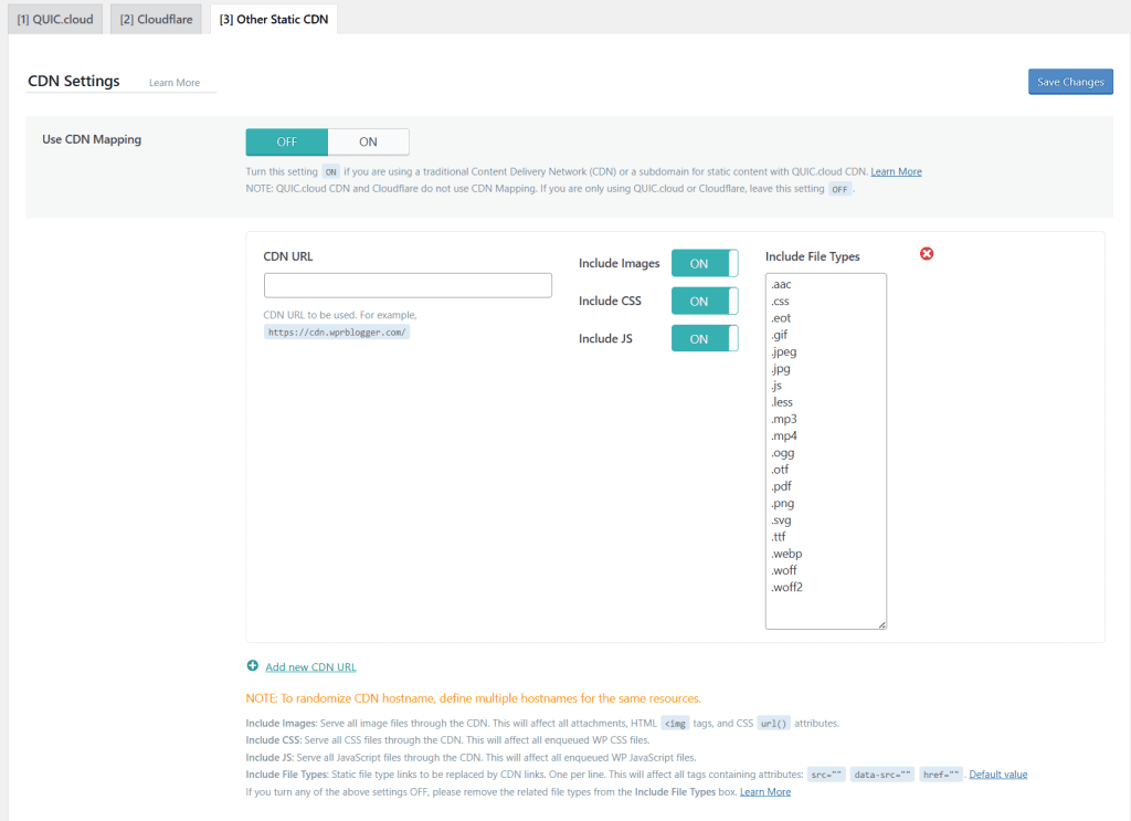 LiteSpeed Cache settings for Other Static CDN with CDN Mapping, CDN URL field, and included file types.
