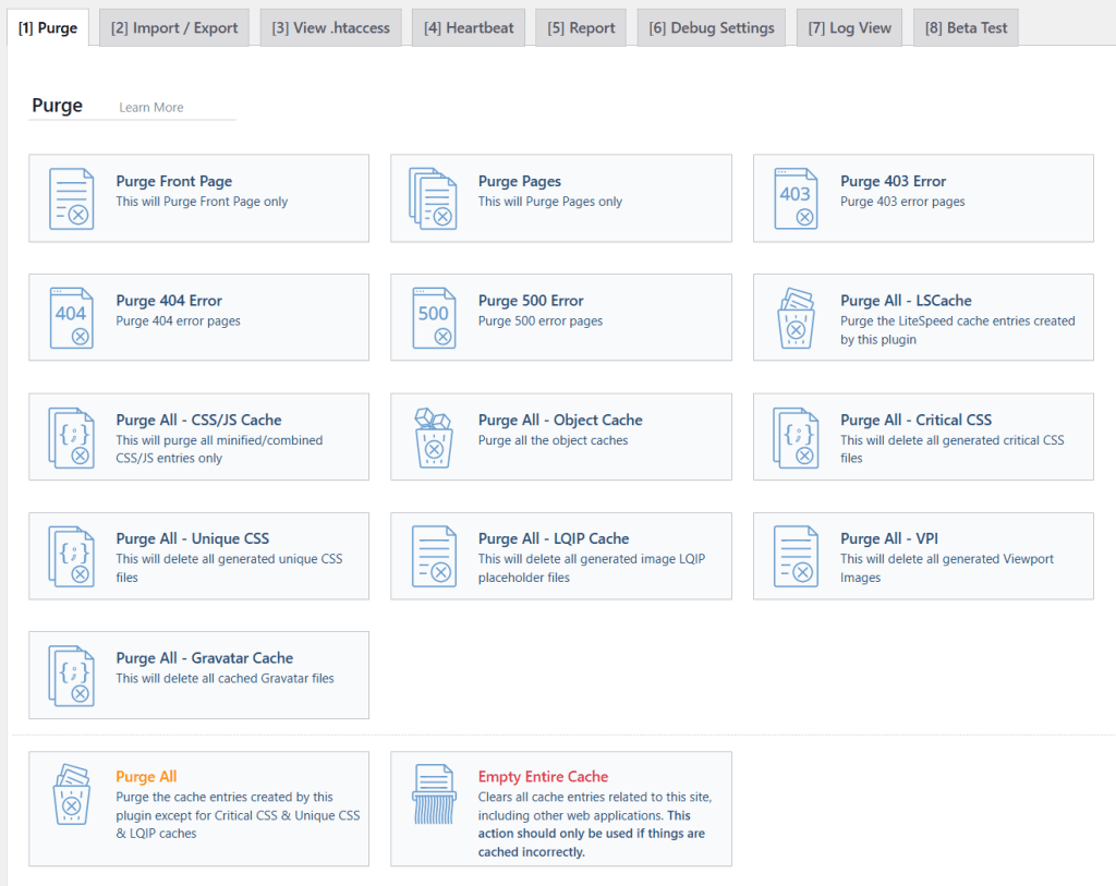 LiteSpeed Cache toolbox showing various purge options including Purge Front Page, Purge Error Pages, and Empty Entire Cache.