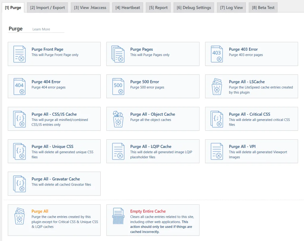 litespeed cache toolbox LiteSpeed Cache toolbox showing various purge options including Purge Front Page, Purge Error Pages, and Empty Entire Cache.