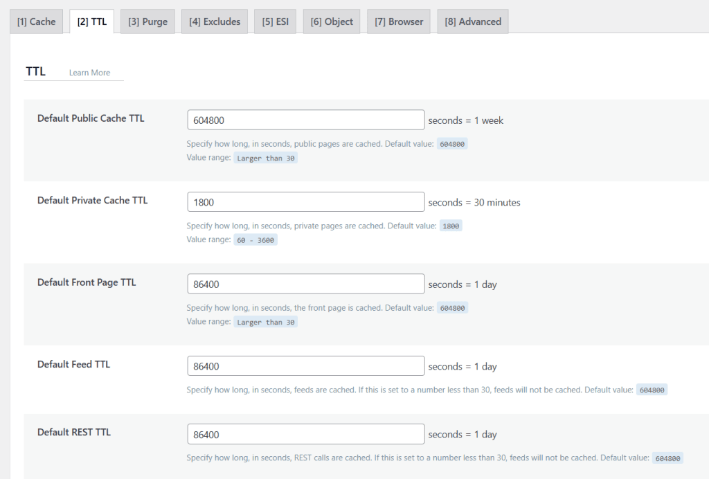 WordPress dashboard showing LiteSpeed Cache TTL settings for Default Public Cache, Private Cache, and Front Page.