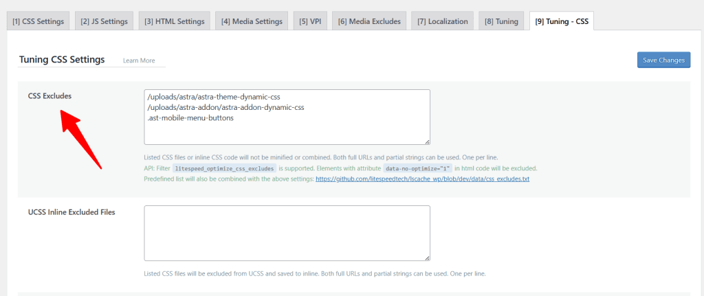 LiteSpeed Cache CSS tuning settings with a red arrow pointing to the CSS Excludes text area containing Astra theme files.
