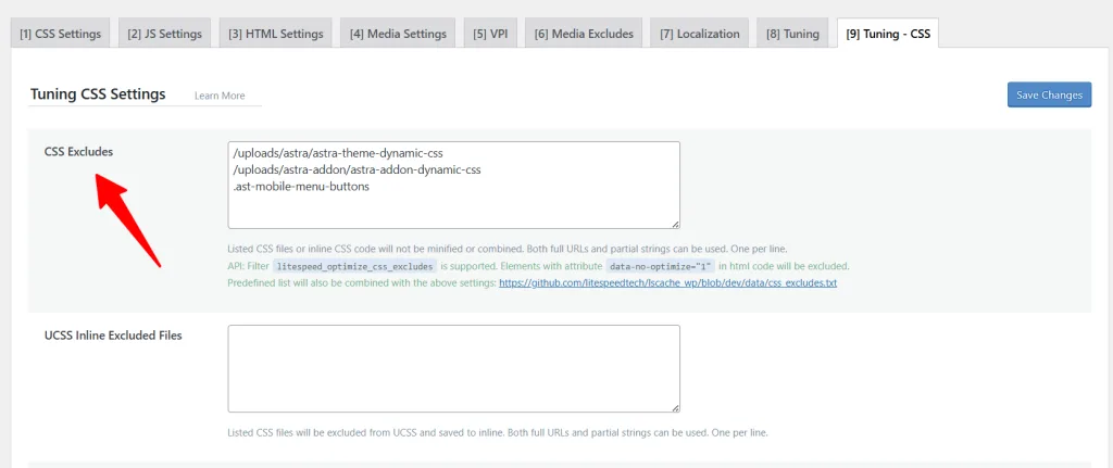 litespeed cache tuning css exclude settings LiteSpeed Cache CSS tuning settings with a red arrow pointing to the CSS Excludes text area containing Astra theme files.