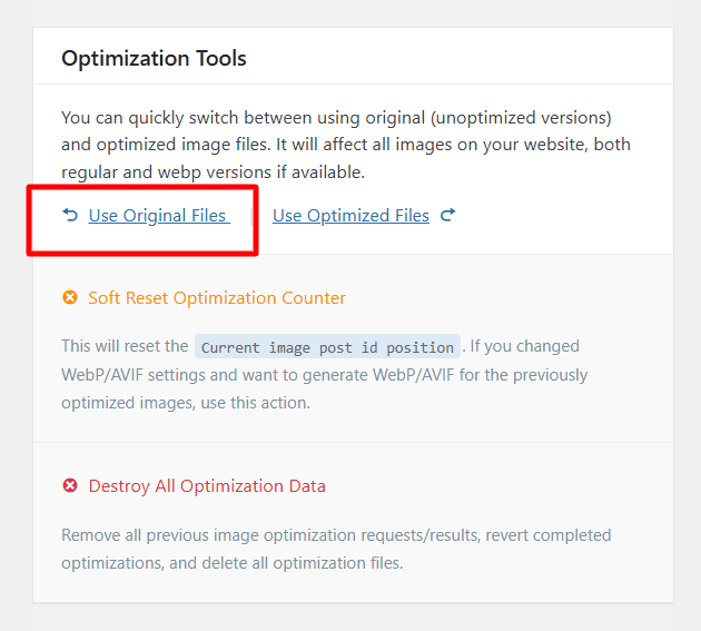 LiteSpeed Cache optimization tools section showing option to use original files or optimized images in WordPress.