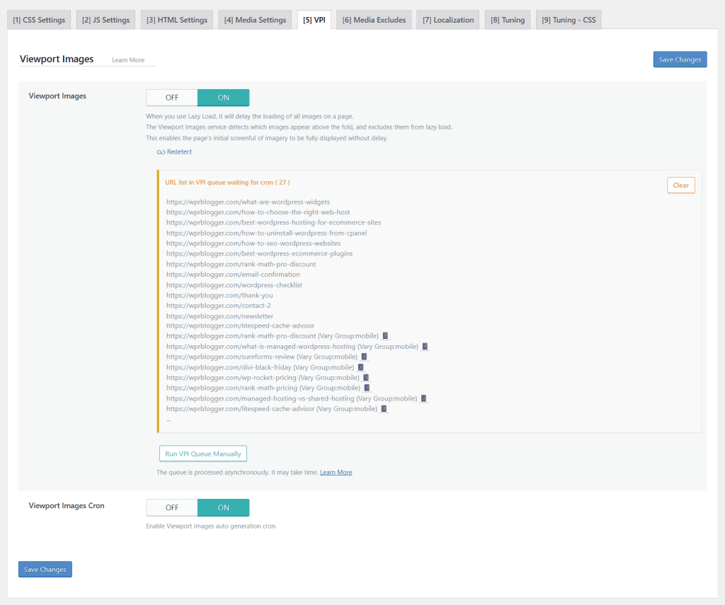 LiteSpeed Cache VPI settings with Viewport Images and Viewport Images Cron enabled, including a URL queue waiting for processing.
