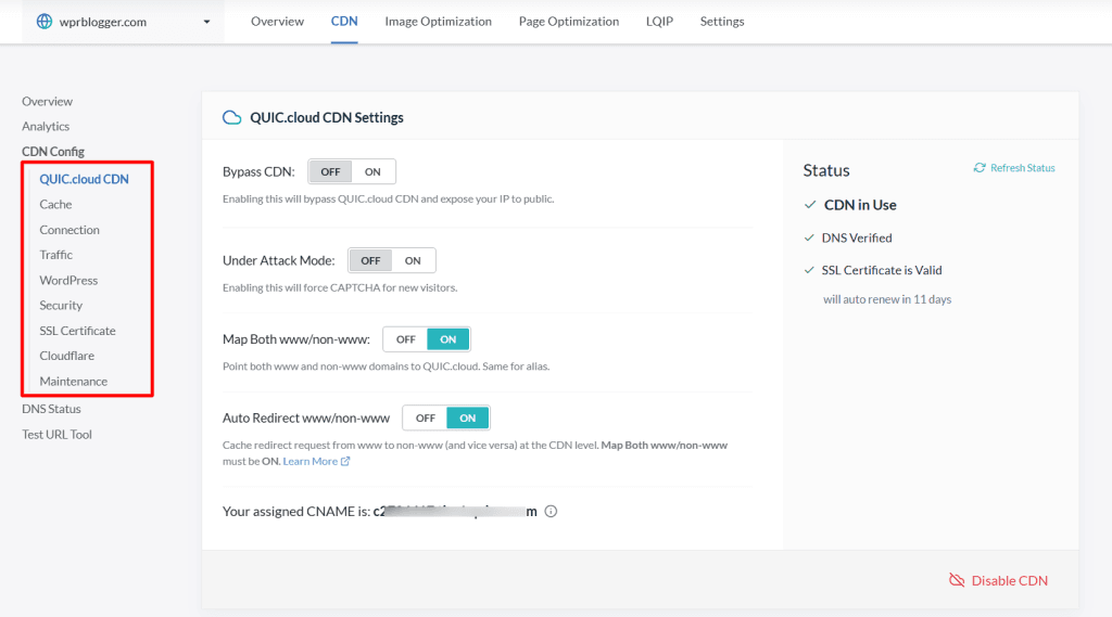 QUIC.cloud CDN settings dashboard for wprblogger.com showing configurations for Bypass CDN, Under Attack Mode, and www-non-www redirection.