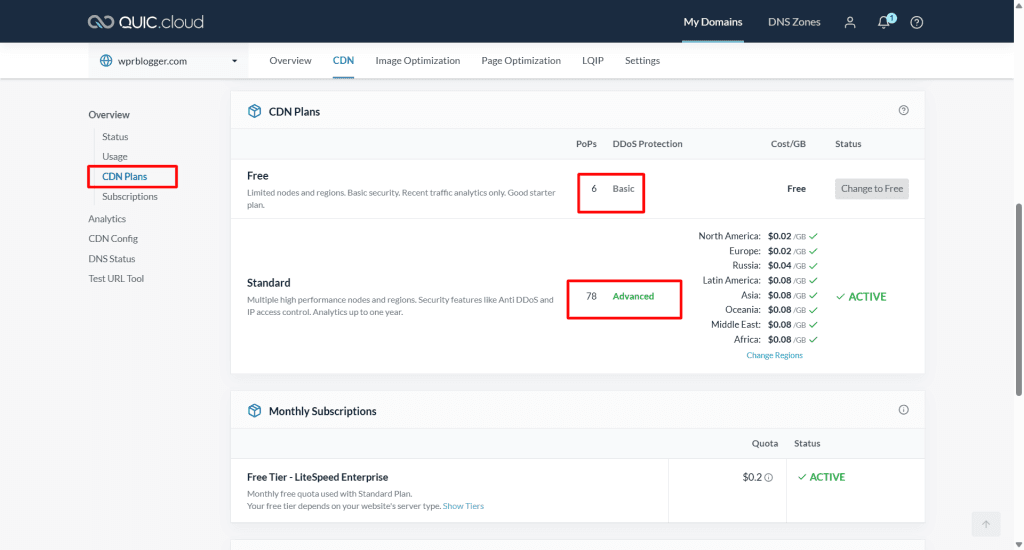 QUIC.cloud CDN plans dashboard comparing the Free plan with 6 PoPs to the active Standard plan with 78 Advanced PoPs and regional pricing.