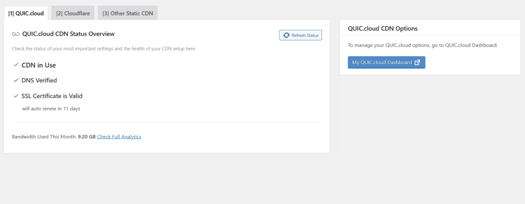 QUIC.cloud CDN status overview with CDN in use, DNS verified, and SSL certificate valid confirmation.