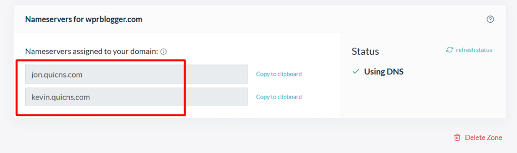 QUIC.cloud user dashboard showing assigned nameservers jon.quicns.com and kevin.quicns.com for domain configuration.