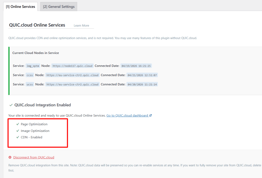 WordPress dashboard showing QUIC.cloud online services integration enabled for page optimization, image optimization, and CDN.