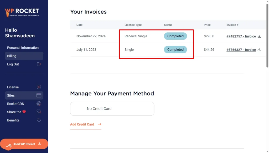 WP Rocket account billing dashboard showing invoice history for single license renewals and a manage payment method section.
