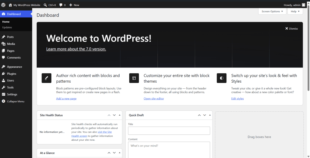 wordpress 7.0 preview dashboard overview screen WordPress 7.0 dashboard screen showing the welcome panel, site editor options, quick draft section, and WordPress admin menu.