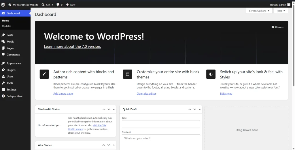wordpress 7.0 preview dashboard overview screen WordPress 7.0 dashboard screen showing the welcome panel, site editor options, quick draft section, and WordPress admin menu.