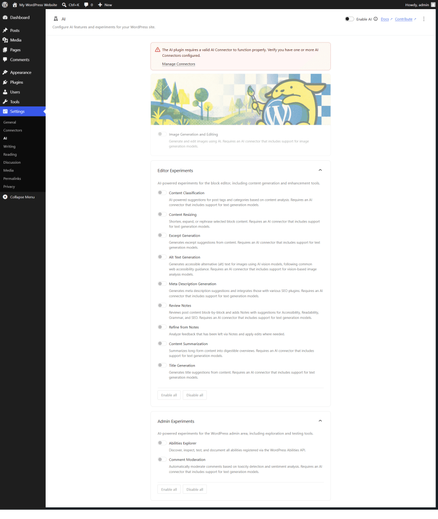 wordpress ai connectors on off setting page WordPress AI settings page showing AI experiments, content generation features, and connector warning message.