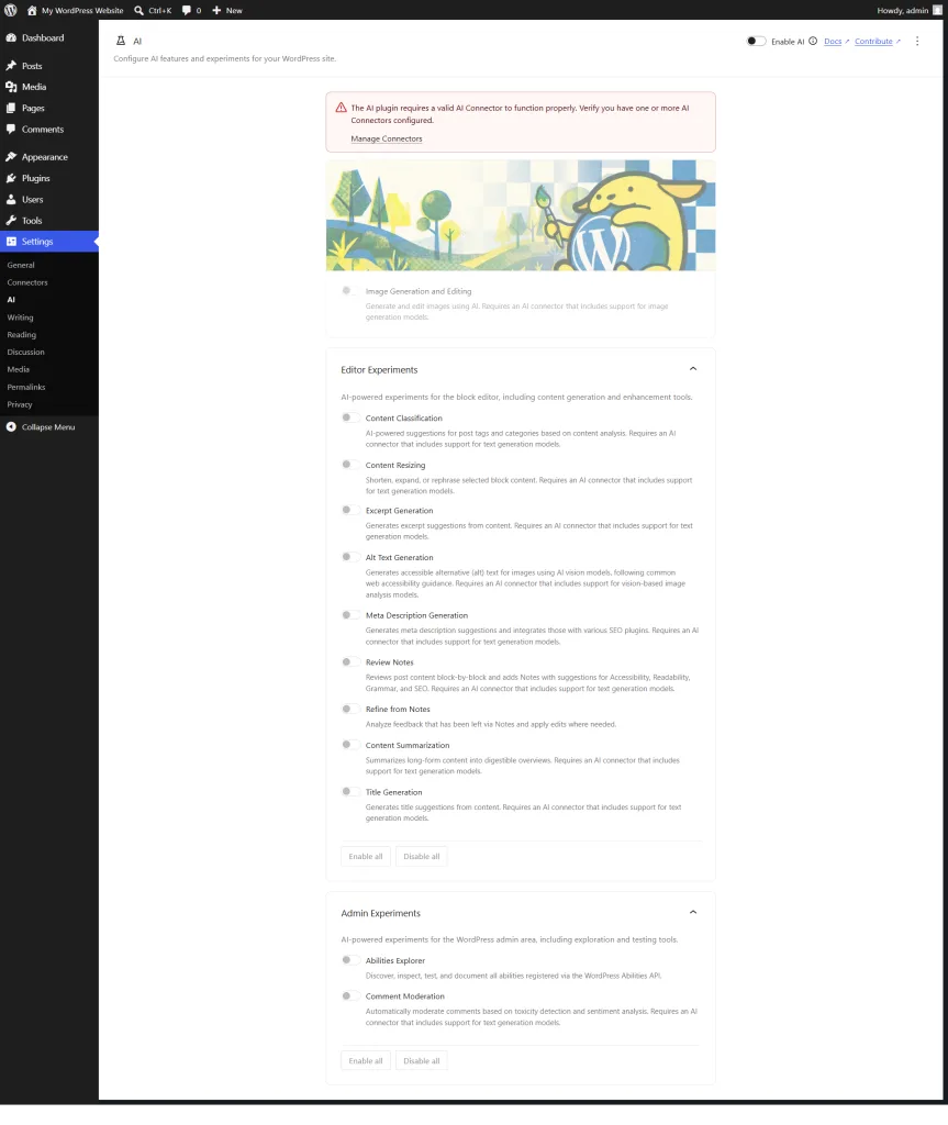 wordpress ai connectors on off setting page WordPress AI settings page showing AI experiments, content generation features, and connector warning message.