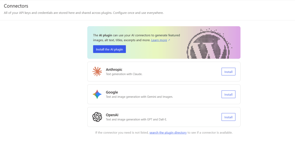 wordpress ai connectors openai claude gemini screen WordPress AI connectors screen showing Anthropic, Google Gemini, and OpenAI integration options.