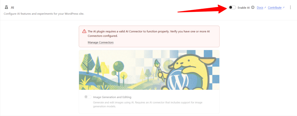 wordpress ai plugin enable settings connector warning WordPress AI plugin configuration screen showing an "Enable AI" toggle and a warning about missing AI connectors.