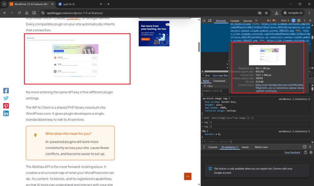 chrome devtools inspecting image dimensions and nitropack cdn url Chrome DevTools inspecting a compressed image's rendered and intrinsic dimensions served via NitroPack CDN.