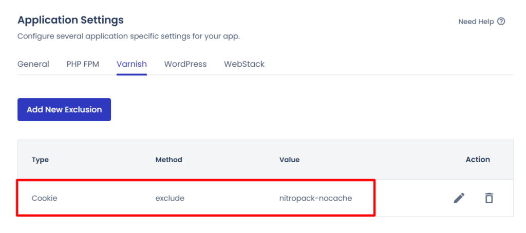 cloudways application settings varnish cache exclusion rule Cloudways application settings interface under the Varnish tab highlighting a cache exclusion rule set for a nitropack-nocache cookie.