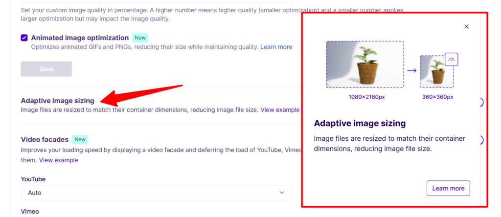 nitropack adaptive image sizing feature example NitroPack Adaptive image sizing feature with an open modal window illustrating how large images are automatically resized to fit within the container.
