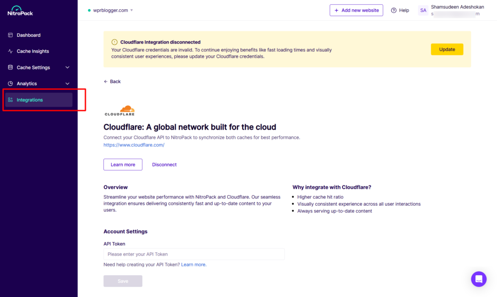 NitroPack dashboard showing a Cloudflare Integration disconnected warning banner, with a red box highlighting the Integrations option in the left sidebar menu.