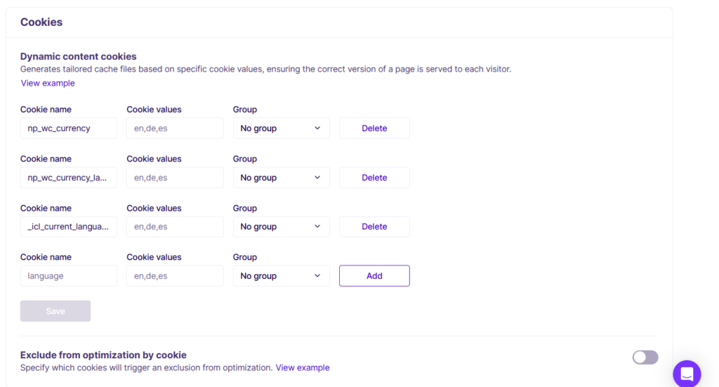 nitropack dynamic content cookies configuration settings NitroPack Cookies settings Dynamic content cookies configuration fields with entry options for cookie names, cookie values, and groups.