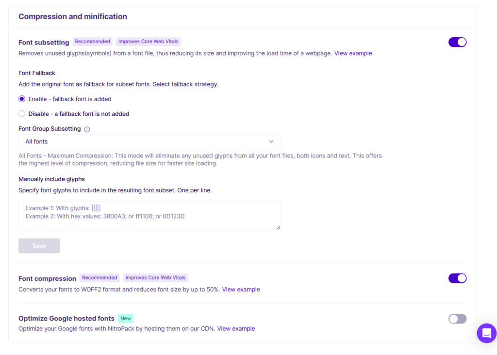 nitropack font subsetting and compression optimization settings NitroPack Compression and minification font settings dashboard with toggles enabled for Font subsetting and Font compression alongside an active setting to enable font fallbacks.