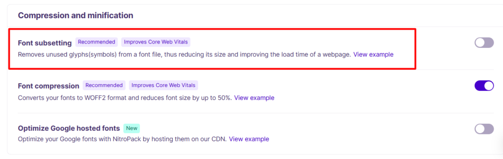 NitroPack settings for the Font subsetting feature, alongside Font compression and Optimize Google-hosted fonts options.