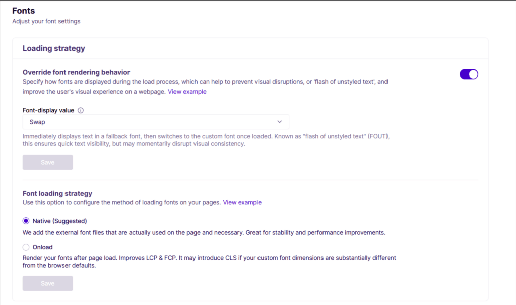 nitropack fonts optimization settings and font loading strategy NitroPack Fonts optimization settings Override font rendering behavior with Swap selected as the font display value and the Native font loading strategy selected.