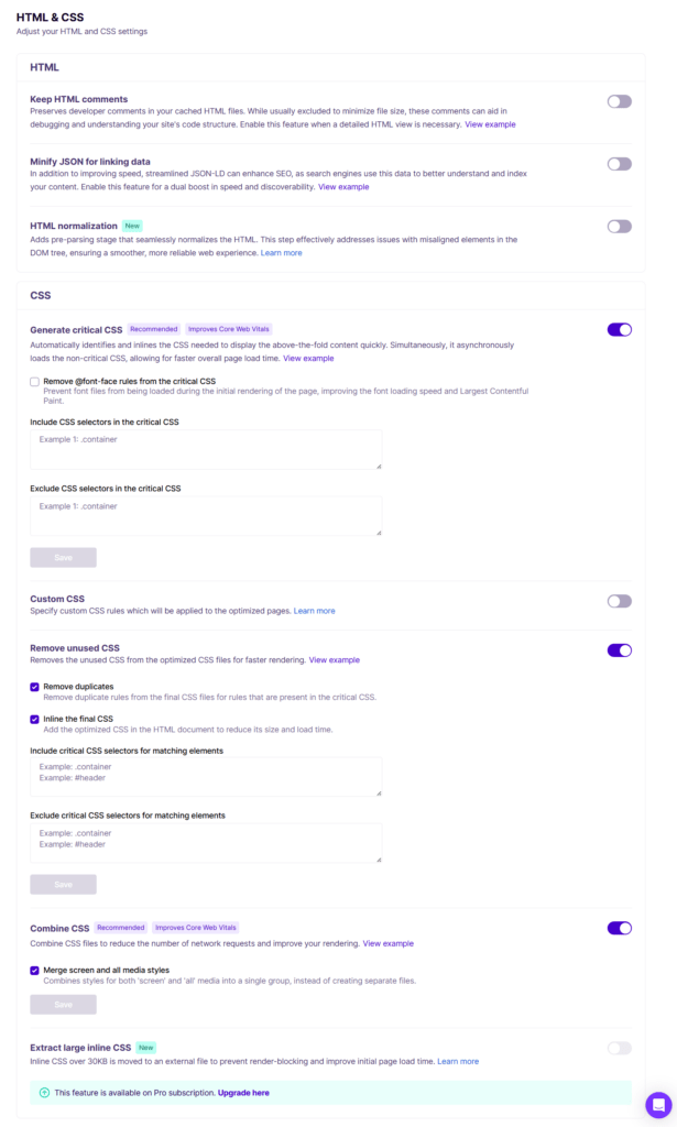 nitropack html and css optimization settings critical and unused css panels NitroPack HTML and CSS settings enabled options for Generate critical CSS, Remove unused CSS, and Combine CSS alongside various text exclusion fields.
