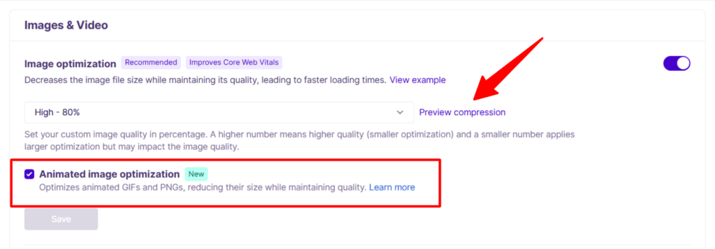 nitropack image optimization compression level and animated image settings NitroPack Images and Video optimization settings panel with high 80 percent compression and an active checkbox for Animated image optimization.