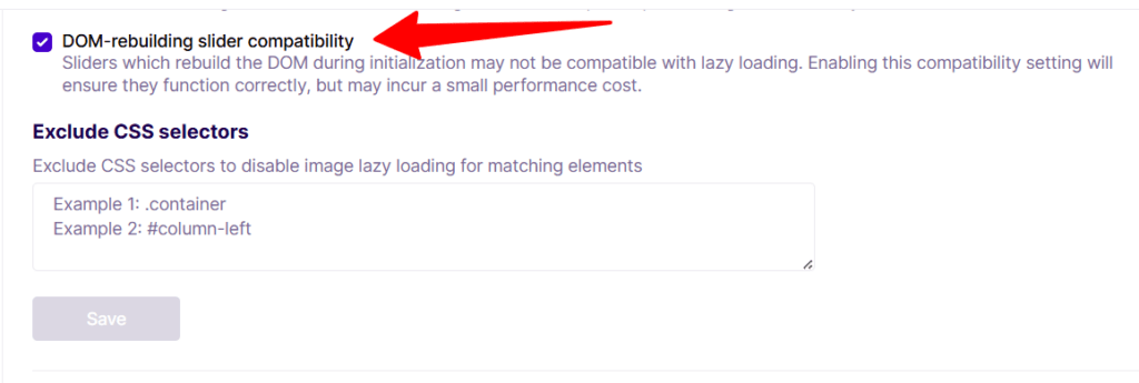nitropack image optimization dom rebuilding slider compatibility NitroPack image optimization settings DOM rebuilding slider compatibility' option and 'Exclude CSS selectors list box.