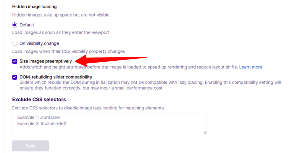 nitropack image optimization settings preemptive image sizing NitroPack image optimization settings highlighting the checked option to size images preemptively to reduce layout shifts.