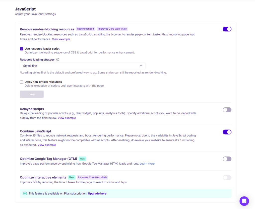 nitropack javascript performance settings NitroPack JavaScript settings for removing render blocking resources, an active toggle for Combine JavaScript, and premium core web vitals optimization options.