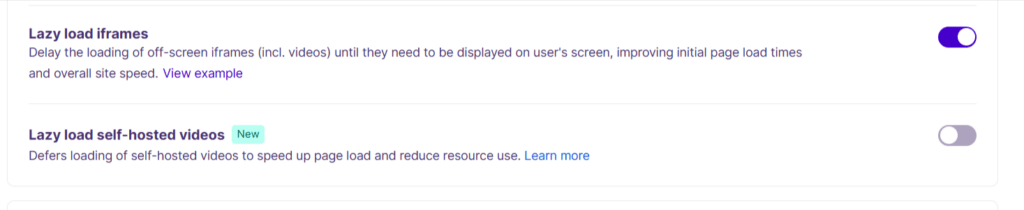 nitropack lazy load iframes and self hosted videos settings NitroPack media optimization settings showing the lazy load iframes toggle enabled and the lazy load self-hosted videos toggle disabled.