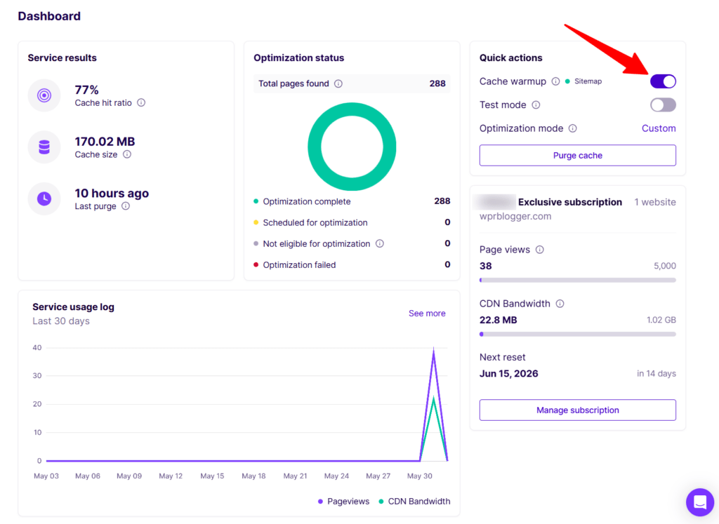 nitropack optimization dashboard cache warmup toggle setting NitroPack user dashboard highlighting the Cache warmup toggle setting under Quick actions alongside service results, optimization status, and subscription data.