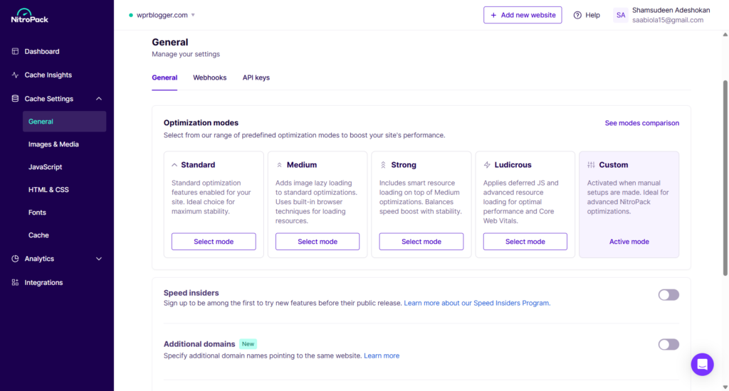 NitroPack dashboard General settings page showing Optimization modes cards for Standard, Medium, Strong, Ludicrous, and Custom, with Custom highlighted as the active mode.