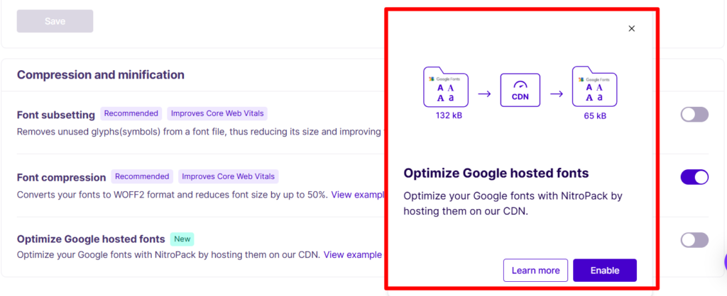 NitroPack settings panel showing an open modal for the Optimize Google hosted fonts feature, detailing font size reduction via a CDN.