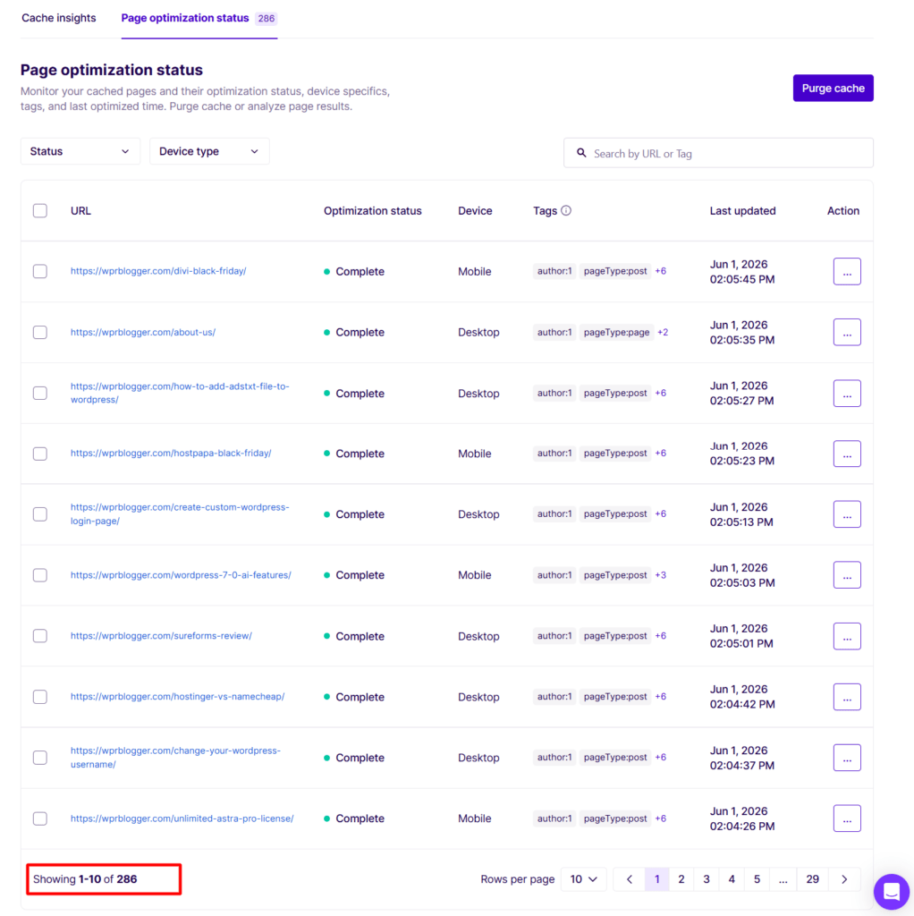 nitropack page optimization status list of complete urls NitroPack Page Optimization Status list of optimized website URLs, optimization status as complete, device type, tags, and last updated timestamps.