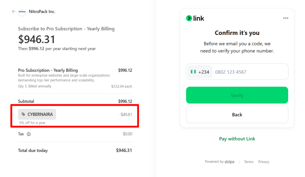 NitroPack checkout page showing a yearly billing breakdown with a highlighted CYBERNAIRA coupon code next to a Stripe verification modal.