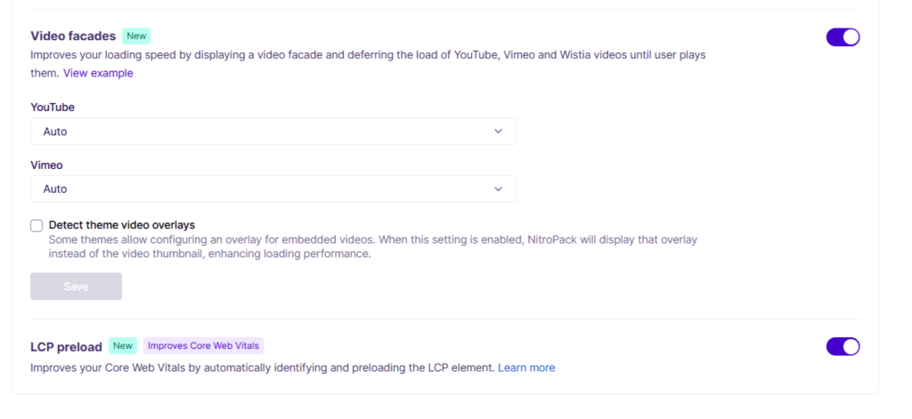 nitropack video facades and lcp preload performance settings NitroPack Video facades toggle enabled with options for YouTube and Vimeo, followed by an enabled LCP preload feature toggle designed to improve Core Web Vitals.
