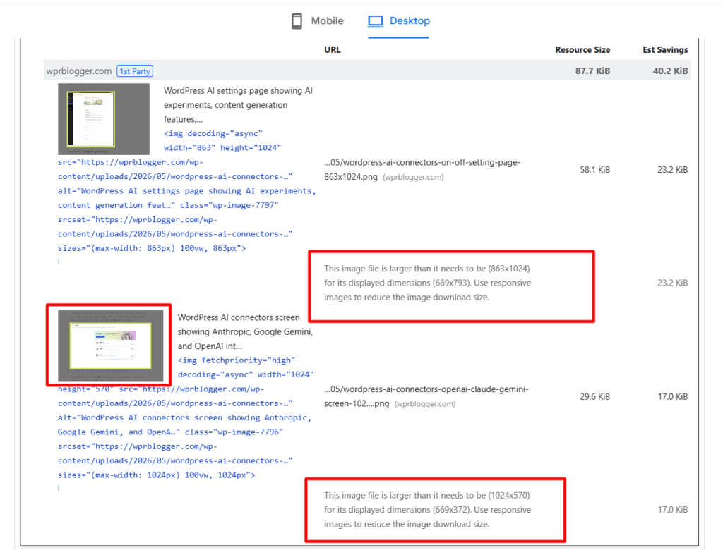 pagespeed insights desktop report properly size images opportunities PageSpeed Insights desktop performance report highlighting opportunities to use responsive images, showing specific image files from wprblogger.com that are larger than their displayed dimensions.