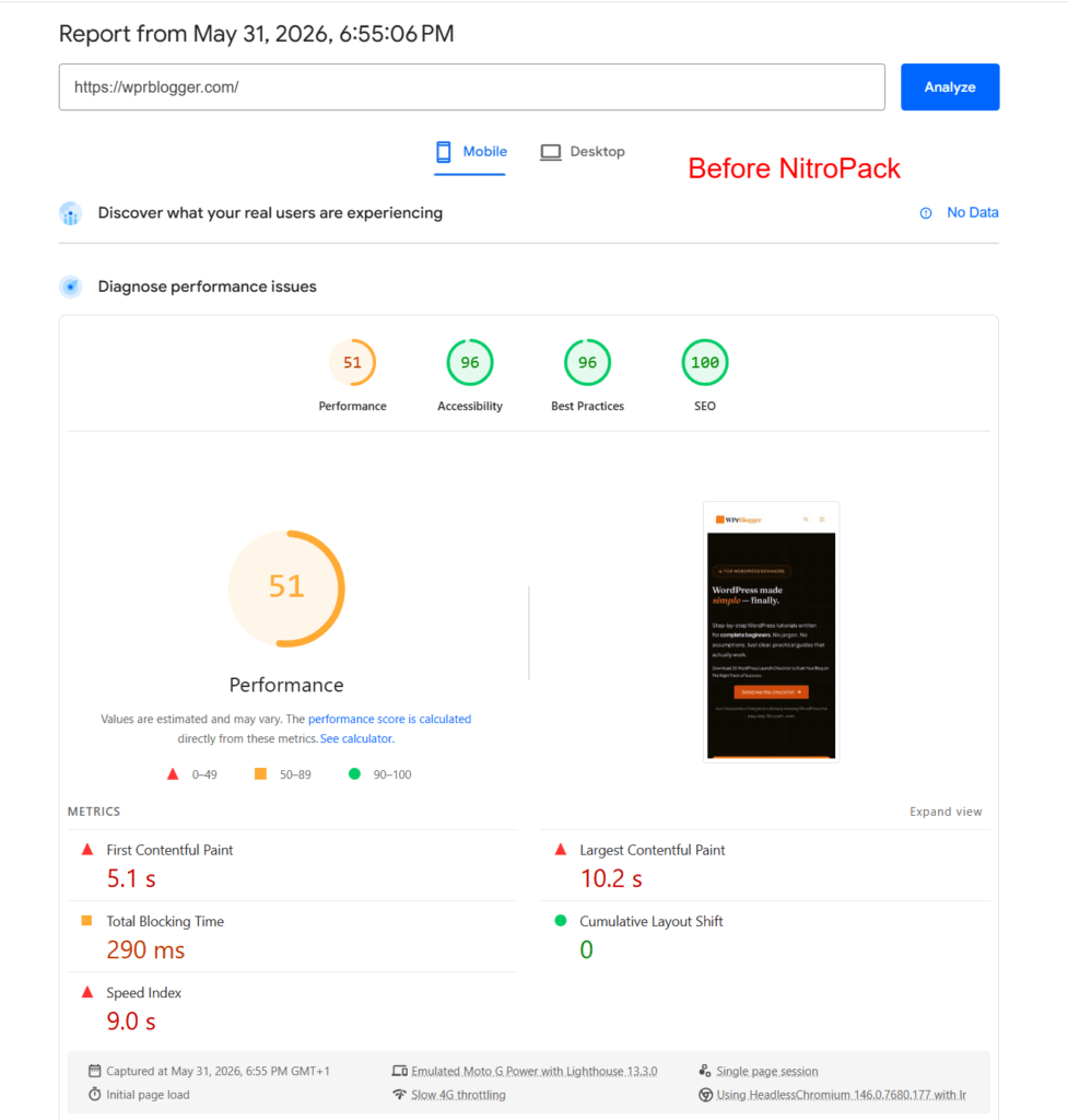 pagespeed insights mobile performance scores before nitropack : PageSpeed Insights mobile performance report for wprblogger.com showing unoptimized speed metrics before configuring NitroPack.