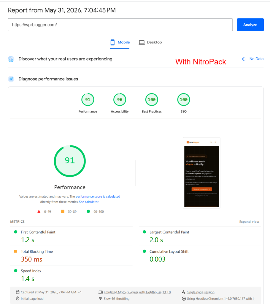 pagespeed insights mobile performance scores with nitropack PageSpeed Insights mobile performance report for wprblogger.com showing an optimized speed optimization case study with NitroPack.