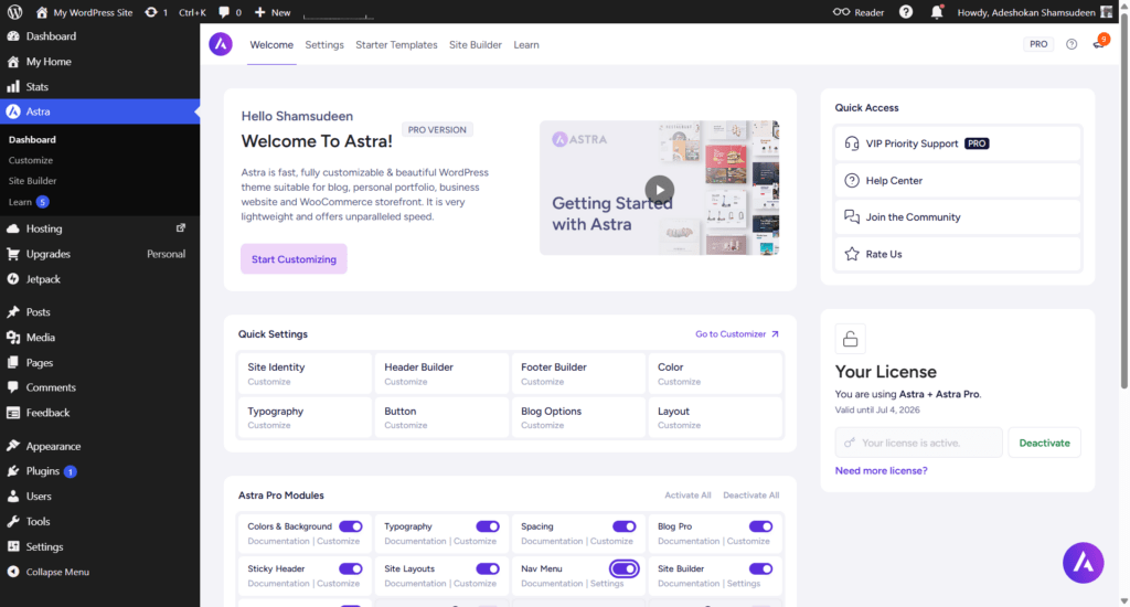 wordpress astra pro theme welcome dashboard Astra theme dashboard, Welcome panel for the Pro version, a quick settings configuration grid, a quick access sidebar, active license information, and enabled Astra Pro modules toggles.
