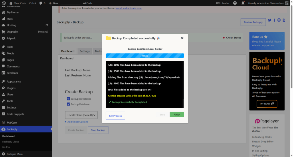 wordpress backuply local backup completion notice