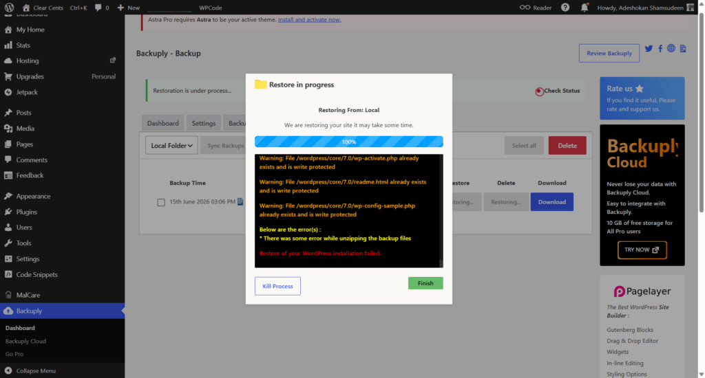 Backuply plugin displays a "Restore in progress" modal window, and a failed local restoration attempt due to an error during unzipping the backup files.