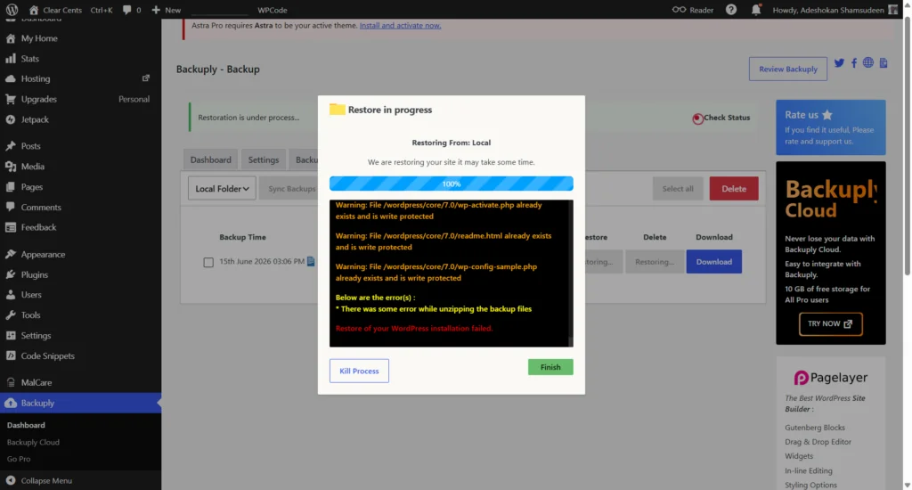 wordpress backuply plugin failed site restoration error notice Backuply plugin displays a "Restore in progress" modal window, and a failed local restoration attempt due to an error during unzipping the backup files.
