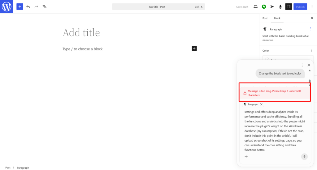 wordpress block editor ai assistant message too long error warning WordPress block editor showing an AI writing assistant highlighting 600 characters limit error message.